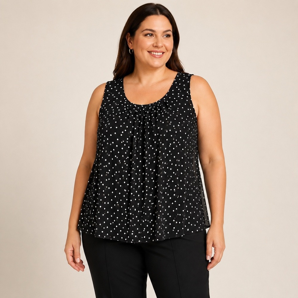 ELLE Women's Polka Dot Blouse 1X Black White Sleeveless Pleated Sheer Scoop Top